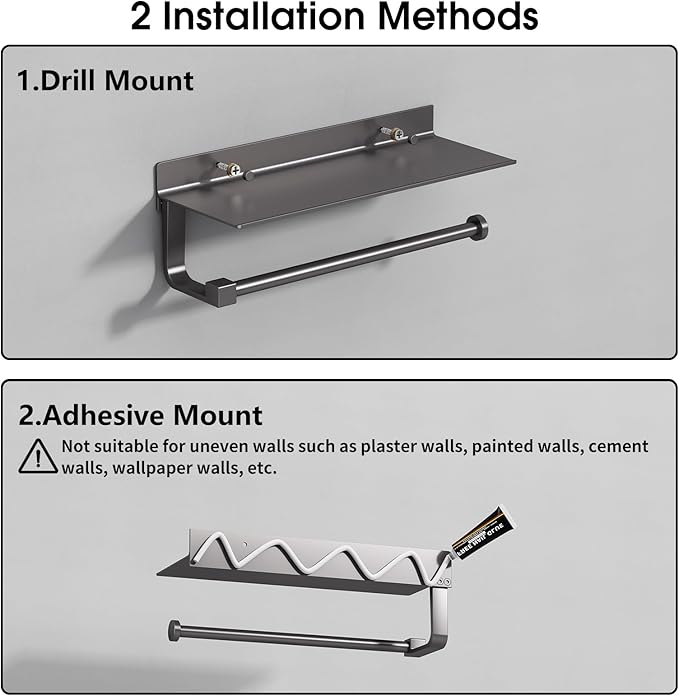 Danpoo Kitchen Paper Towel Holder with Shelf Wall Mount, Adhesive Hand Towel Holder for Bathroom, Matte Grey