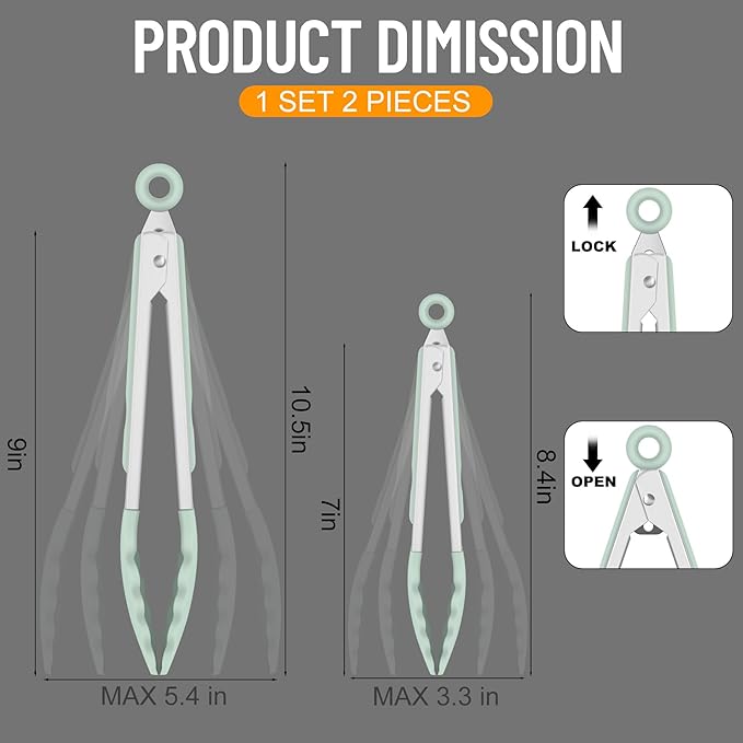 HOTEC Premium 7 & 9 Inch Kitchen Tongs, Stainless Steel Locking Cooking Tongs with Silicone Tips, Non-Scratch & Heat Resistant, Serving Tongs for Salad, BBQ, Light Green, Set of 2