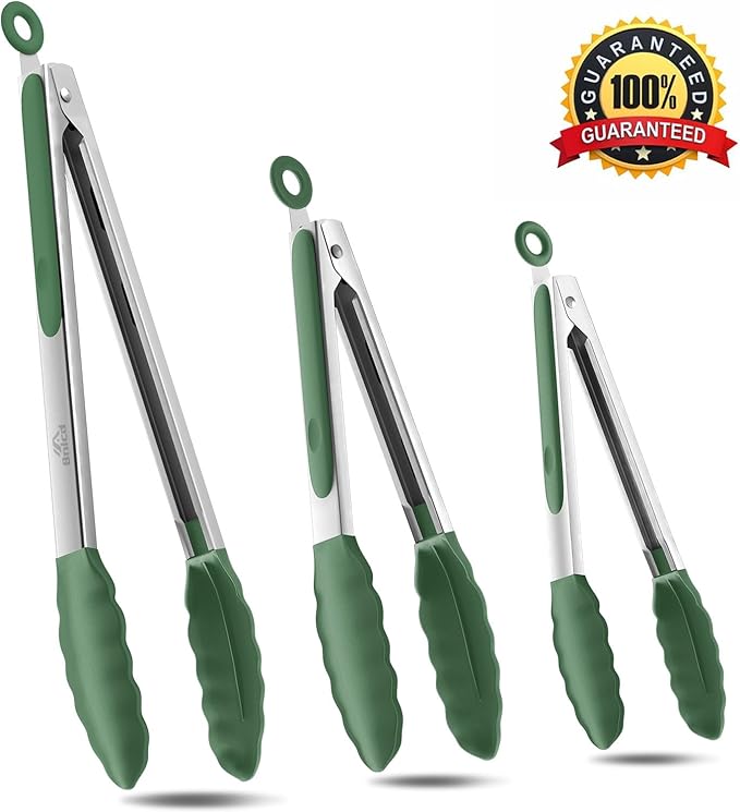 600ºF Heat Resistant Kitchen Tongs, Premium Locking Cooking Tongs with Silicone Tips, Non-Slip Food Tongs for Cooking, Non-Stick, Heavy Duty Stainless Steel Handle, Set of 3-7" 9" and 12" Turquoise