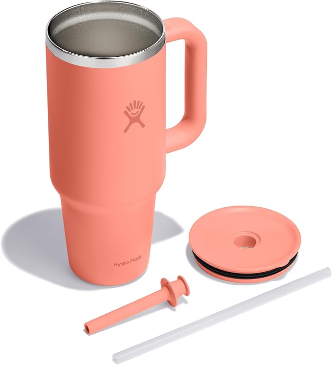 Hydro Flask Travel Tumbler with Handle, Lid and Straw - Insulated Stainless Steel in 40 Oz Sunglow
