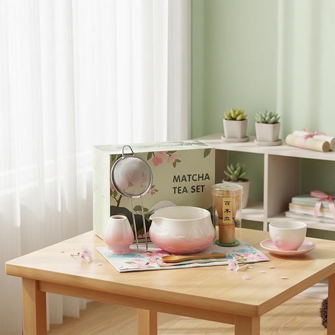 Matcha Whisk Set - Ceramic Matcha Set Includes Matcha Bowl, Whisk and Holder, Bamboo Scoop, Scoop Rest, Sifter and Tea Towel - 7 Pcs Ceremonial Gift Kit for Matcha Lovers (Gradient Pink)