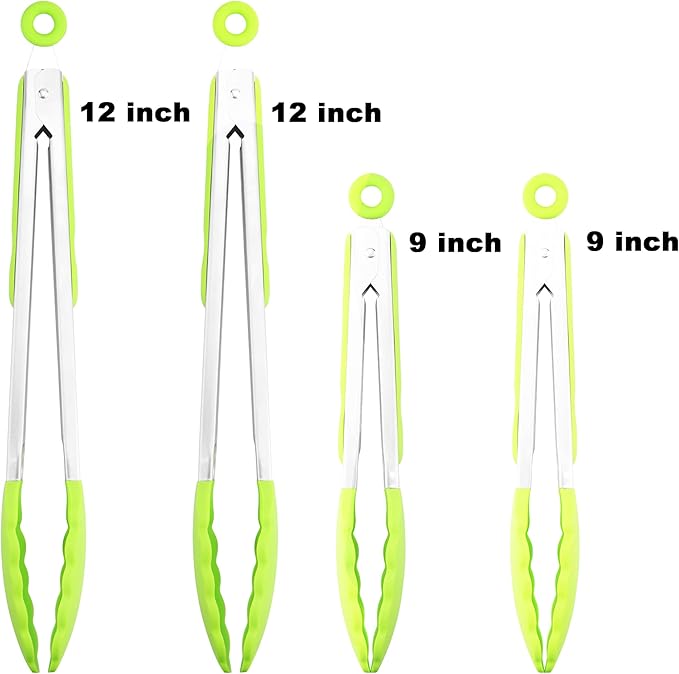4 Pack Green Kitchen Tongs, Premium Silicone BPA Free Non-Stick Stainless Steel BBQ Cooking Grilling Locking Food Tongs, 9-Inch & 12-Inch