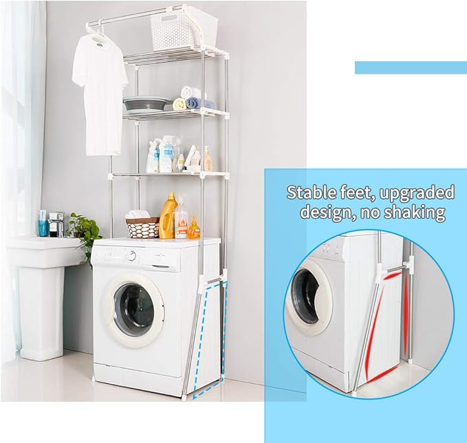 BAOYOUNI Adjustable Laundry Shelf Over Toilet Washing Machine Storage Rack Above Washer Dryer Standing Bathroom Organizer 3-Tier Space Saving Shelving Units, Ivory