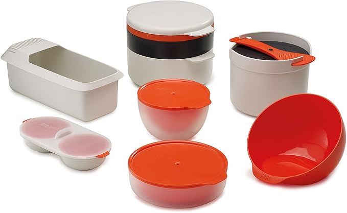 Joseph Joseph M-Cuisine Microwave 4-Piece Stackable Cooking Set, 2 liter cooking pot, steamer, griddle and lid, Orange/Beige