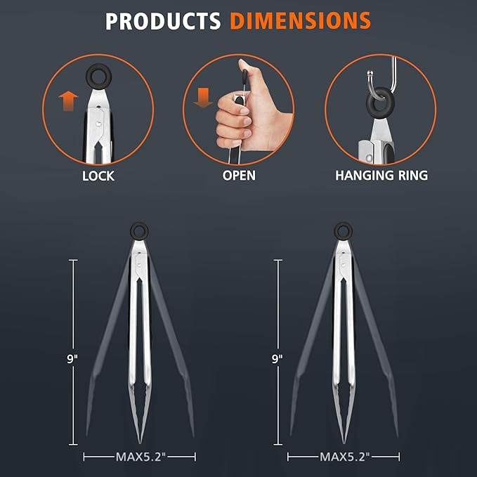 Hotec Stainless Steel Kitchen Tongs, Set of 2-9", Locking Metal Food Tongs for Cooking, Serving, BBQ, Grill Non-Slip Grip