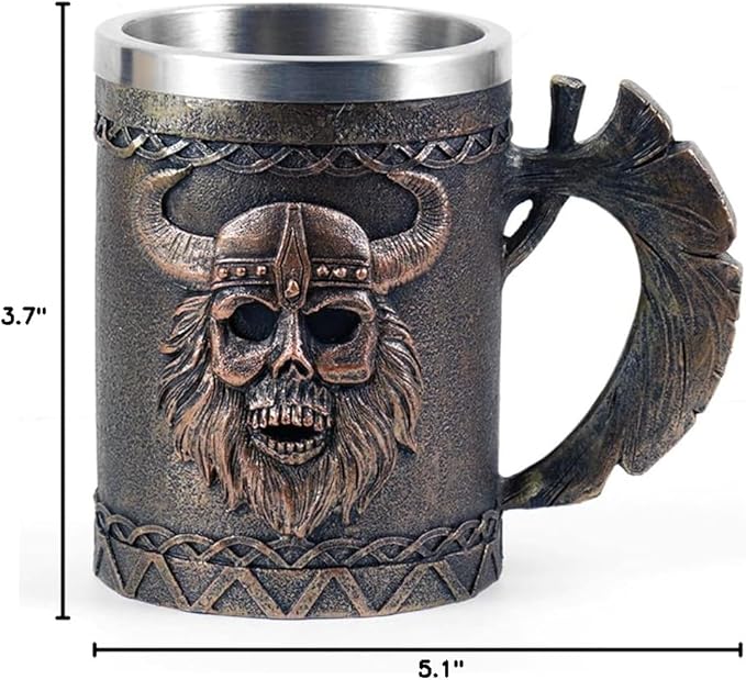Arola Viking Axe Mug, Stainless Steel Horn Beer Cup, Viking Warrior Skull Cup Tankard, Drinking Cup Coffee Beer Steins,Medieval Skull Drinkware Mug for Coffee/Beverage/Juice17oz Gift for Men