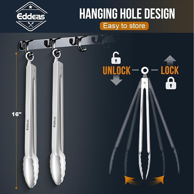 Grill Tongs, 600 Degrees Heat Resistant 17 Inch Extra Long BBQ Tongs, All Metal Kitchen tongs, Heavy Duty Stainless Steel Locking Tongs for Cooking, Grilling, Barbecue/BBQ, Buffet, 2 Pack