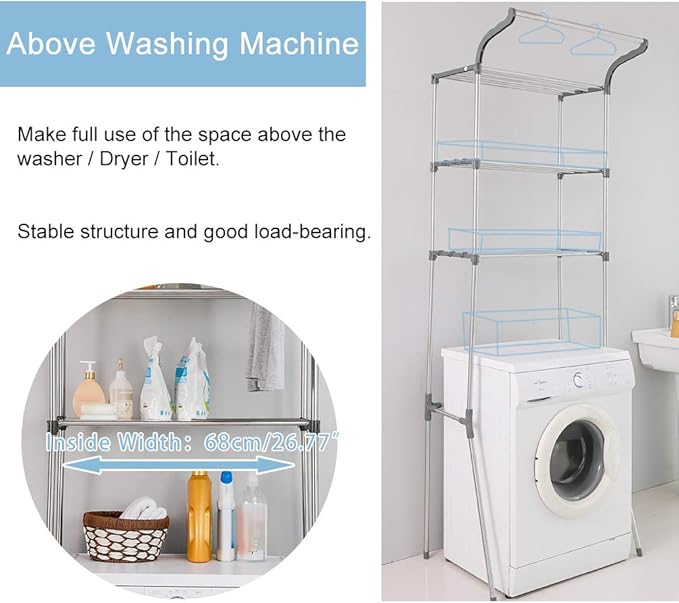 BAOYOUNI 3-Tier Over The Laundry Shelf Above Toilet Washing Machine Dryer Storage Utility Rack Clothes Hanger Rod Standing Bathroom Organization Space Saving Shelving Units, Grey