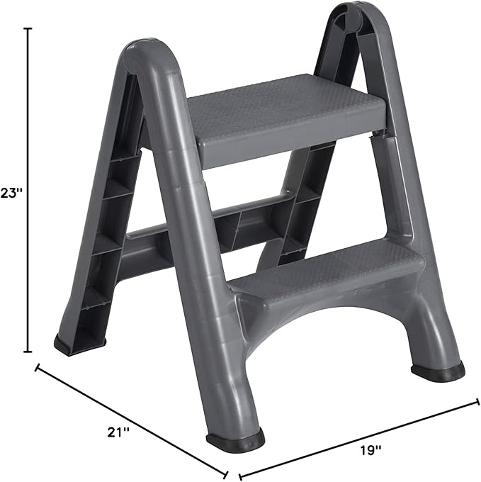 Rubbermaid Two-Step Folding Foot Stool 14-Inch High Gray 300-Pound Capacity Small Step Stool for Adults/Kids for Use in Library/Kitchen/Bathroom/Garage/Closet