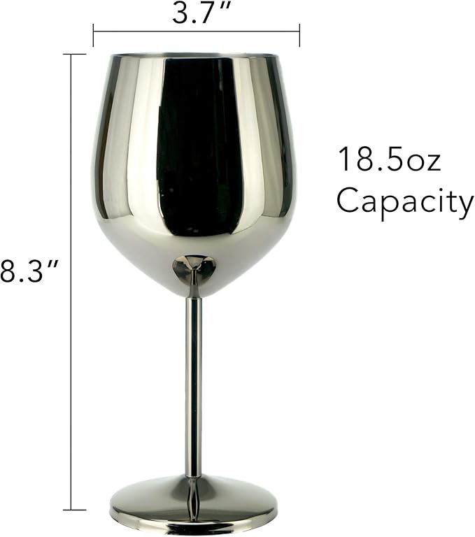 PG Set of 4 Stainless Steel Wine Glasses - 18.5oz Black Unbreakable Stem Metal Wine Goblets
