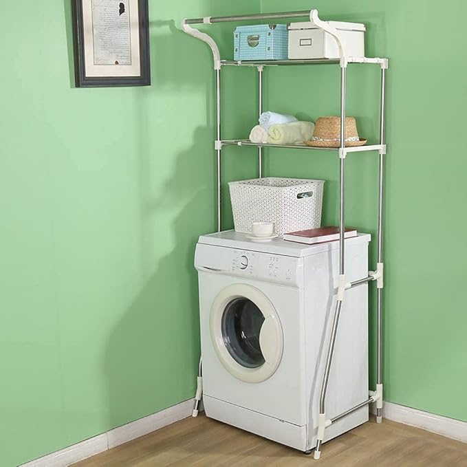 BAOYOUNI 2-Layer Over Washing Machine Storage Rack Utility Metal Bathroom Shelf 6-Hook Space Saver Width Adjustable Organization for Laundry Room Toilet (62-101cm, Ivory)