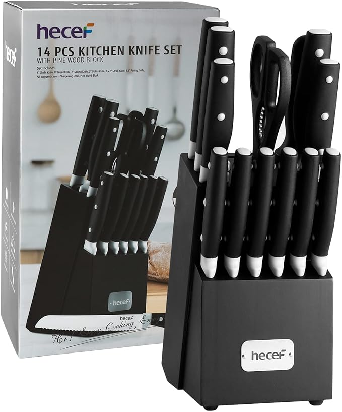 hecef Kitchen Knife Block Set, 14 Pieces Knife Set with Wooden Block & Sharpener Steel & All-purpose Scissors, High Carbon Stainless Steel Cutlery Set (Black)