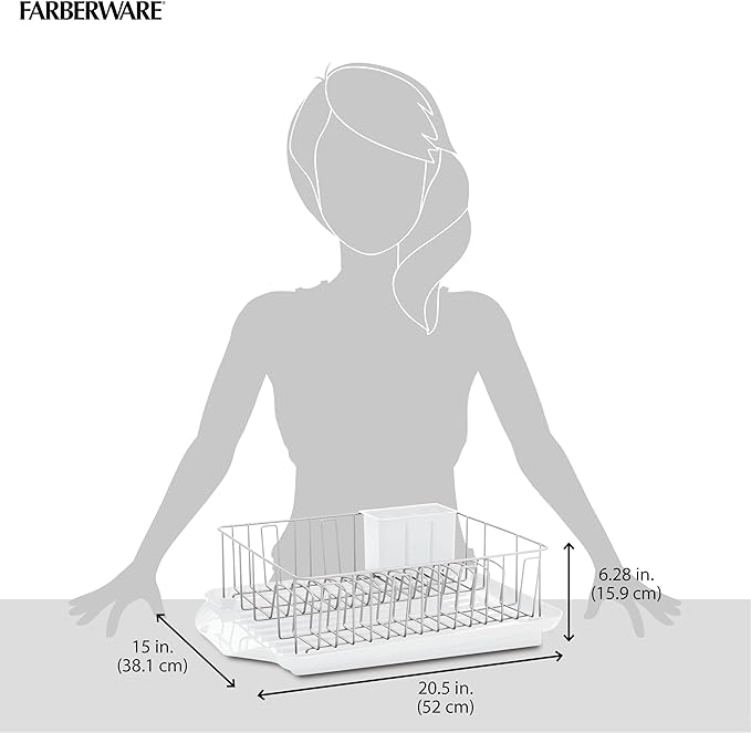 Farberware Classic Large Rust Resistant Full Dishrack with Removable 3 Compartment Flatware Caddy, Andlged Drain Board, 3-Piece, White