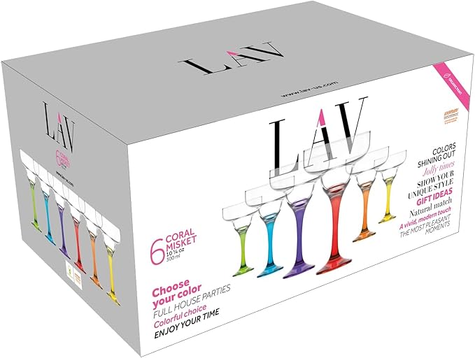 LAV Lead-Free Glass - Colorful Margarita Glasses Set of 6-10.25 oz - Assorted Colors Drinkware, Frozen Daiquiri, Paloma, Cocktails, Cosmopolitan, Dessert, Drinks, Mocktails - Housewarming Gifts