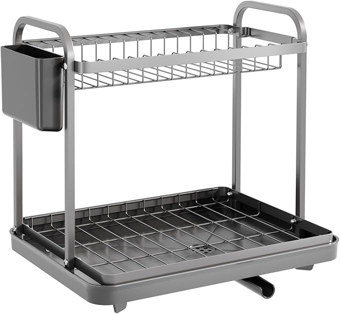 2-Tier Dish Drying Rack - Stainless Steel Dish Rack with Cutlery & Utensil Holders for Kitchen Counter, Sink Organization and Storage Essentials, Home Decor, 15" W x 11.4" L x 15" H, Gray