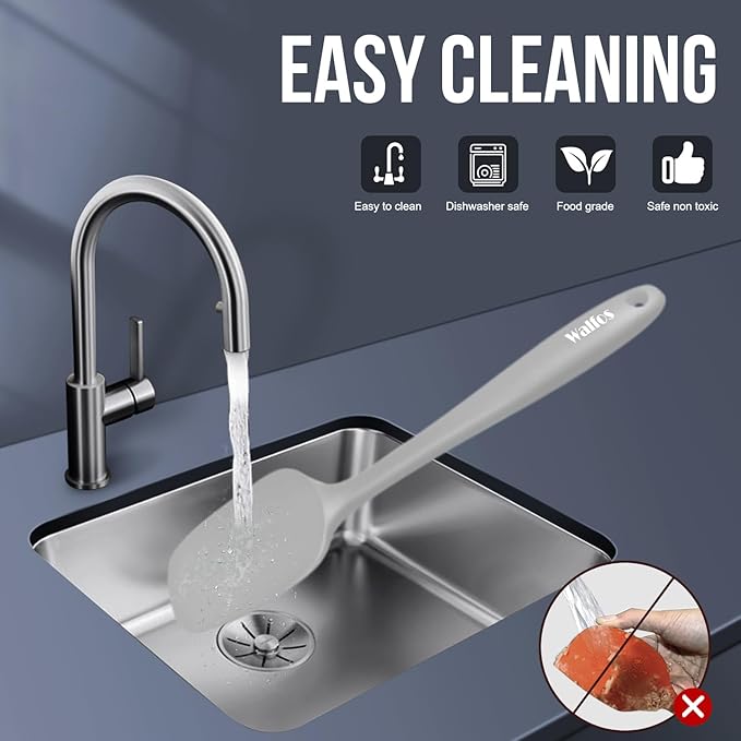 Walfos Silicone Spatula Set (7pcs) - 600℉ Heat Resistant Silicone Scraper Spatulas with Stainless Steel Core, Non Stick Flexible Rubber Spatula for Cooking, Baking and Mixing, Gray