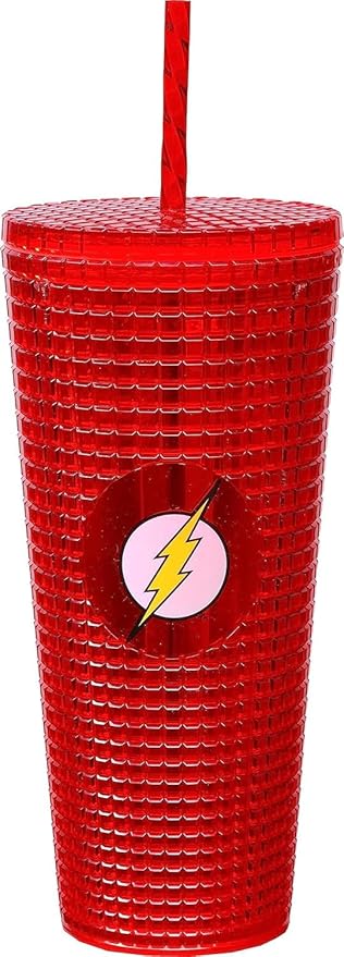 Spoontiques DC Comics Diamond Tumbler, 20oz - Textured Cup w/Staw, Double Wall Insulated, BPA Free - The Flash