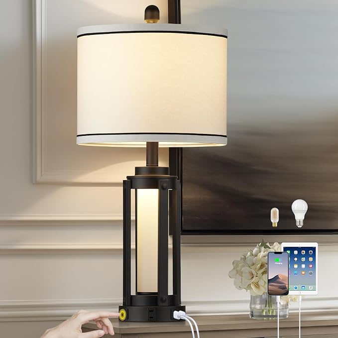 26" Modern Table Lamp with USB A+C Charging Ports & AC Outlet, Industrial - Image 9