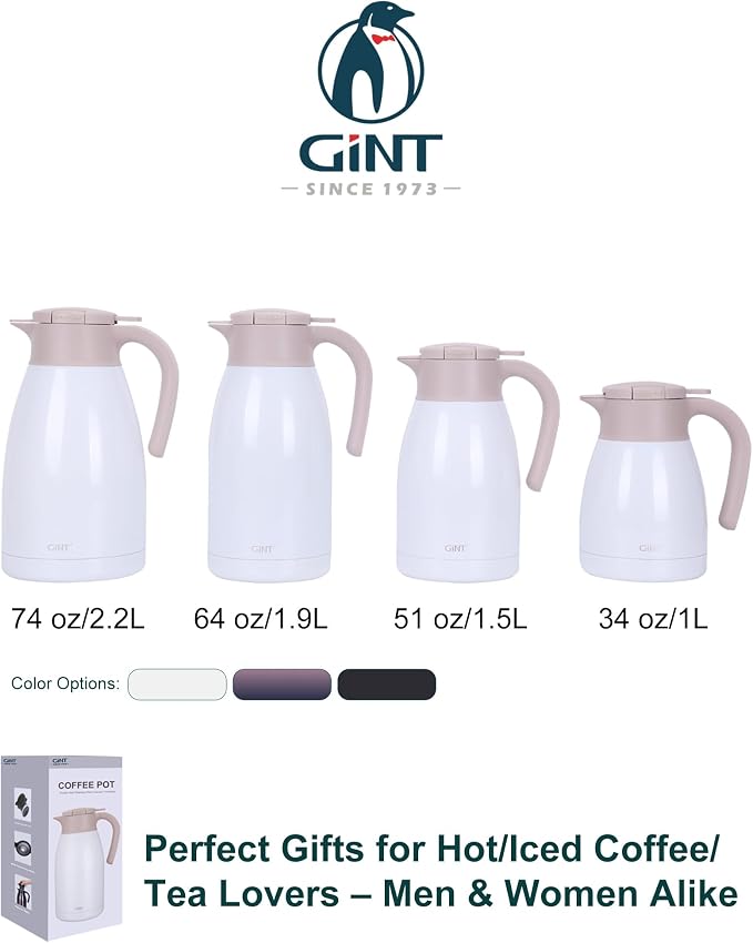 GiNT 2.2L / 74Oz Thermal Coffee Carafe, Insulated Stainless Steel Coffee Carafes - Image 9