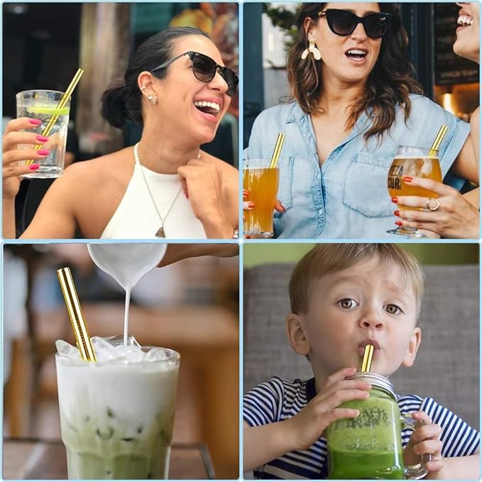 Vinaco 8.5" and 10.5" Big Smoothie & Milkshake Straws, 4 Pack Food-Grade Stainless Steel 0.4" Wide Mouth for Thick Drinks, Gold Metal Reusable