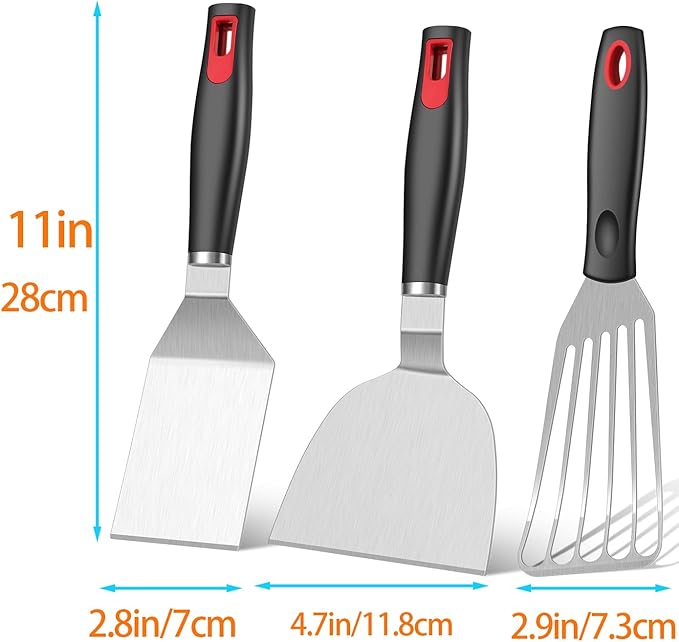 Stainless Steel Spatula Set - Cast Iron Skillet Spatula with Silicone Handle, Turner Flipper for Pancake, Burger, Egg Cooking & BBQ Grill