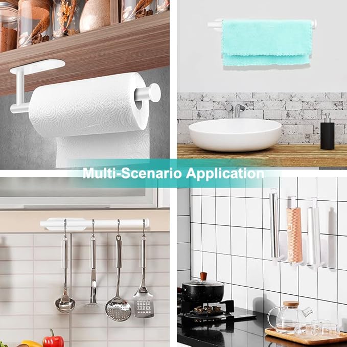 MGahyi Paper Towel Holder Wall Mount, Self Adhesive Or Drilling Under Cabinet Kitchen, 13.2 inch Stainless Steel Paper Towel Roll Rack, Towel Roll Hanger for Bathroom(Rectangle-White, Rectangle)