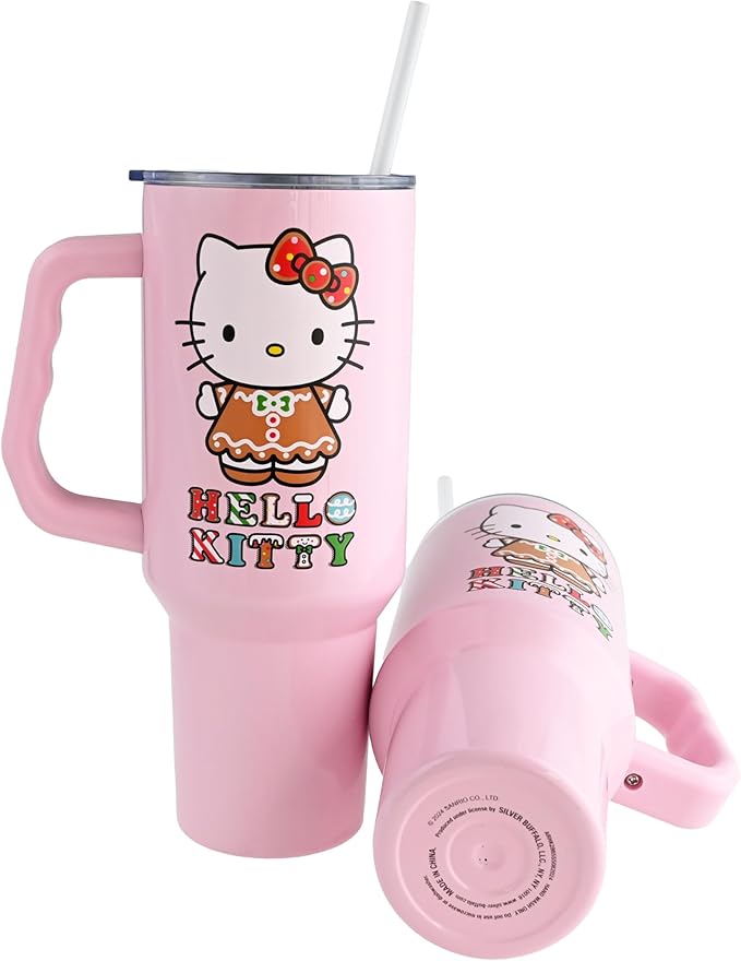 Silver Buffalo Sanrio Hello Kitty Holiday Gingerbread Dress Stainless Steel Tumbler with Handle, Fits in Standard Cup Holder, 40 Ounces