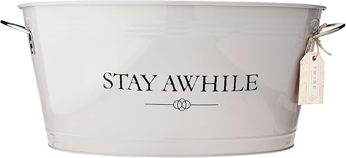 Twine Stay Awhile White Painted Galvanized Ice Bucket & Metal Tub - Beverage Ice Barrel Tub for Parties in 6.3-Gallon Capacity