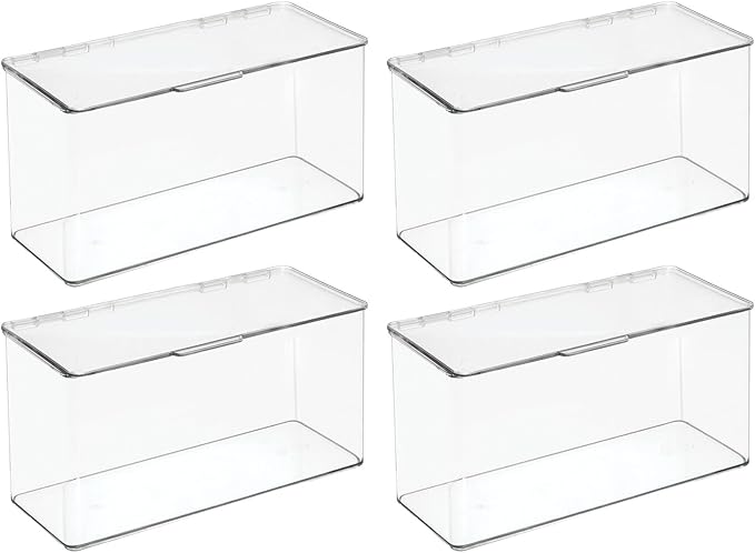 mDesign Plastic Bathroom Storage Organizer Box Containers with Hinged Lid for Vanity Drawers - Holds Lotions, Face Towels, Cotton Swabs, Soap, or Accessories - Lumiere Collection - 4 Pack - Clear