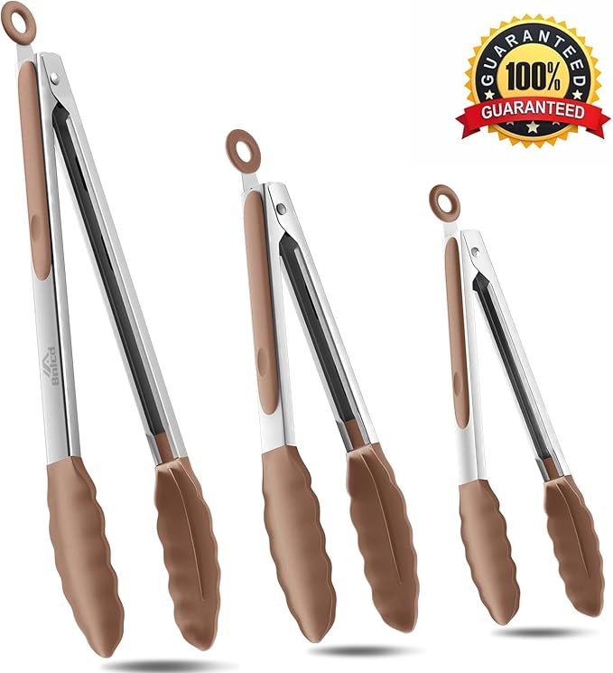 600ºF Heat Resistant Kitchen Tongs, Premium Locking Cooking Tongs with Silicone Tips, Non-Slip Food Tongs for Cooking, Non-Stick, Heavy Duty Stainless Steel Handle, Set of 3-7" 9" and 12" Mud color