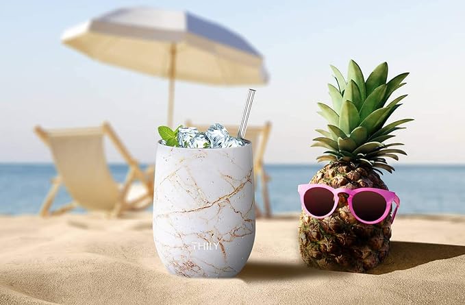 THILY Stainless Steel Stemless Wine Glass Triple Vacuum Insulated Tumbler Travel Cute Cup with Lid, Reusable Straw, Keep Cold & Hot for Wine, Coffee, Xmas Gift, Gold Marble