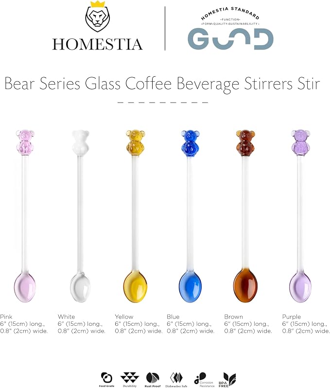 Homestia 6 Pack Glass Stirring Spoons, Colorful Teddy Bear Coffee Stirrers - Image 9