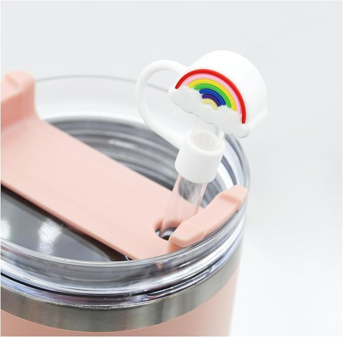 Flower Straw Cover Cap for Stanley Cup Silicone Straw Topper Compatible with 30 and 40 Oz Tumbler with Handle,Straw Tip Covers 10 mm 0.4 in for Straw Tip Covers (6pcs Rainbow Flower Strawberry)