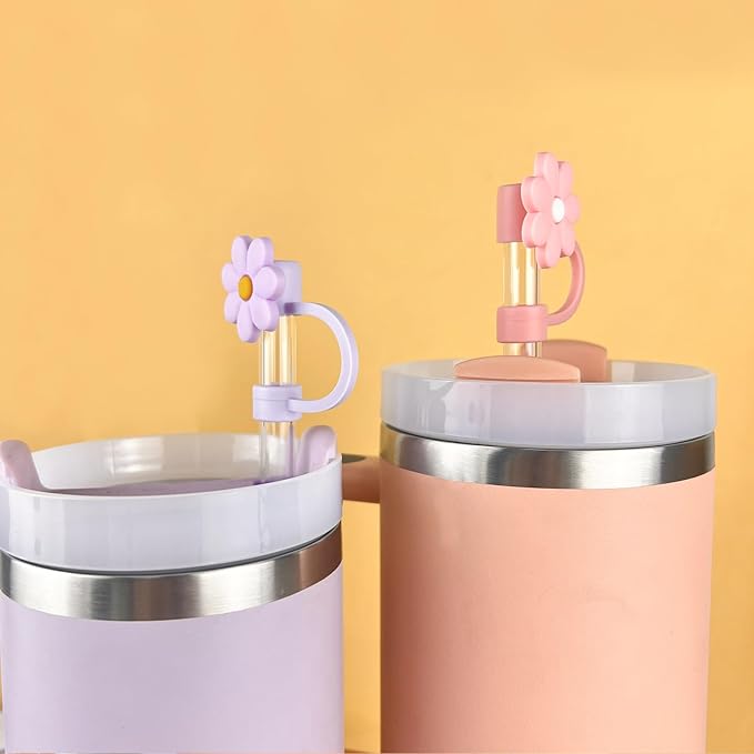 Velaco 12PCS Silicone Straw Covers Cap Compatible with Stanley 30&40 Oz Cup, 10mm Cute Flower Straw Toppers for Tumblers, Dust-Proof Drinking Straw Caps for Reusable Straws Tips Lids