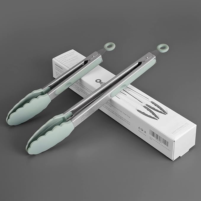 Hotec Premium Stainless Steel Locking Kitchen Tongs with Silicon Tips, Set of 2-9" and 12" Light Green