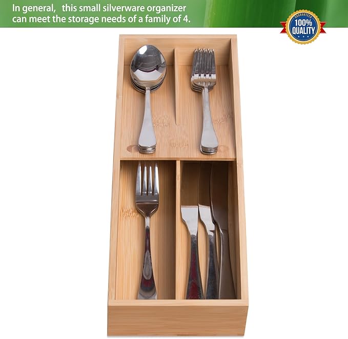 Bamboo Silverware Drawer Organizer, Kitchen Small Silverware Organizer, Utensil Tray Holder, Cutlery Tray for Spoons, Forks, Knives, Suitable for a family of 2-4