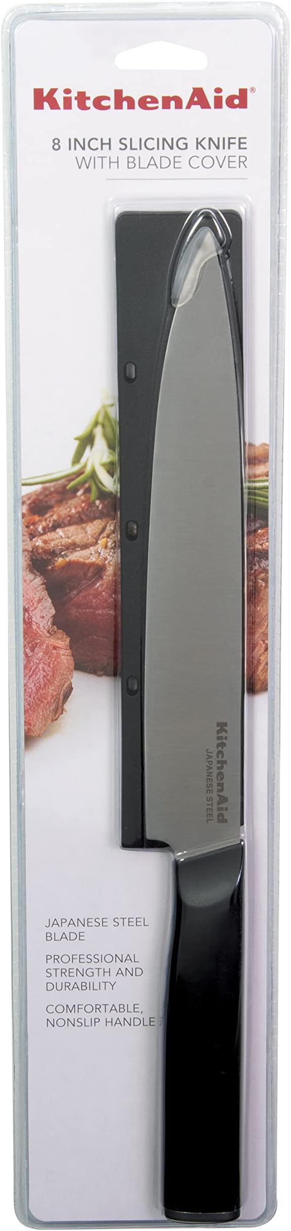 KitchenAid Classic Slicing Knife with Custom Fit Blade Cover, 8 inch, Sharp Kitchen Knife, High Carbon Japanese Stainless Steel Blade, Black