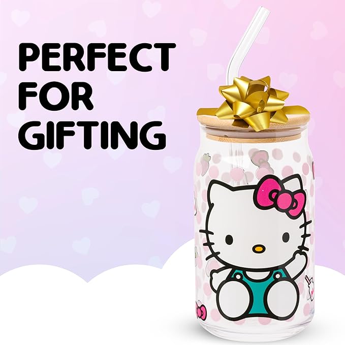 Silver Buffalo Sanrio Hello Kitty Strawberry Milk Bow Pink Polka Dot Glass Jar Tumbler with Bamboo Lid and Glass Straw, 16 Ounces