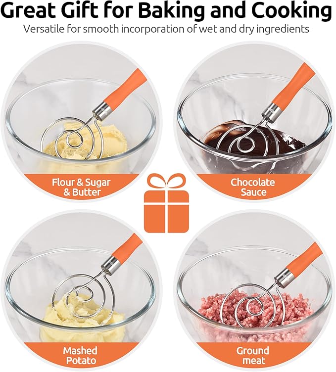 U-Taste 12.6in Danish Dough Whisk: 18/8 Stainless Steel Heavy-Duty Sourdough Mixer Tool, Food Grade Dutch Style Seamless Bread Wisk, Sturdy for Mixing, Stirring, Kneading Thick Batter (Orange)