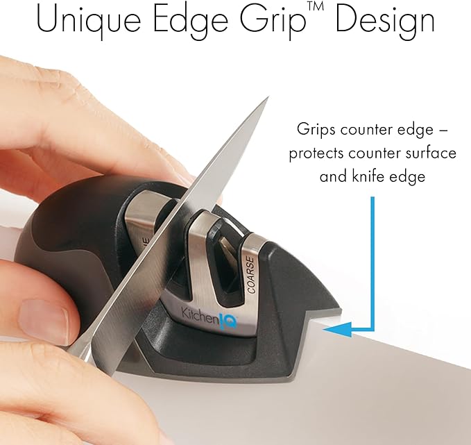 KitchenIQ 50009 Edge Grip 2-Stage Knife Sharpener, Black, Coarse & Fine Sharpeners, Compact for Easy Storage, Stable Non-Slip Base, Soft Grip Rubber Handle, Straight & Serrated Knives
