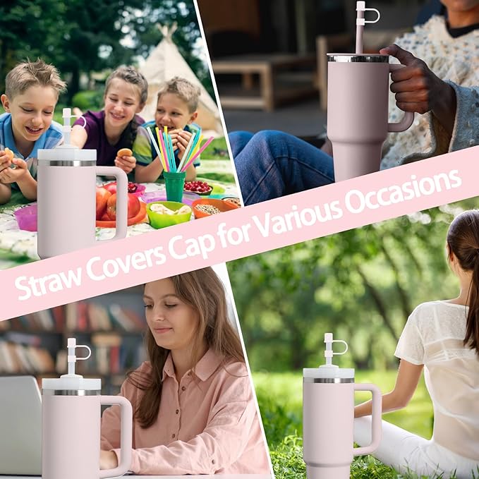 6PCS Silicone Straw Covers Cap Compatible with Stanley Cup 30-40 oz Tumbler with Handle 10mm Straw Toppers Reusable Cover for Stanley Cup Accessories(Pink-White)