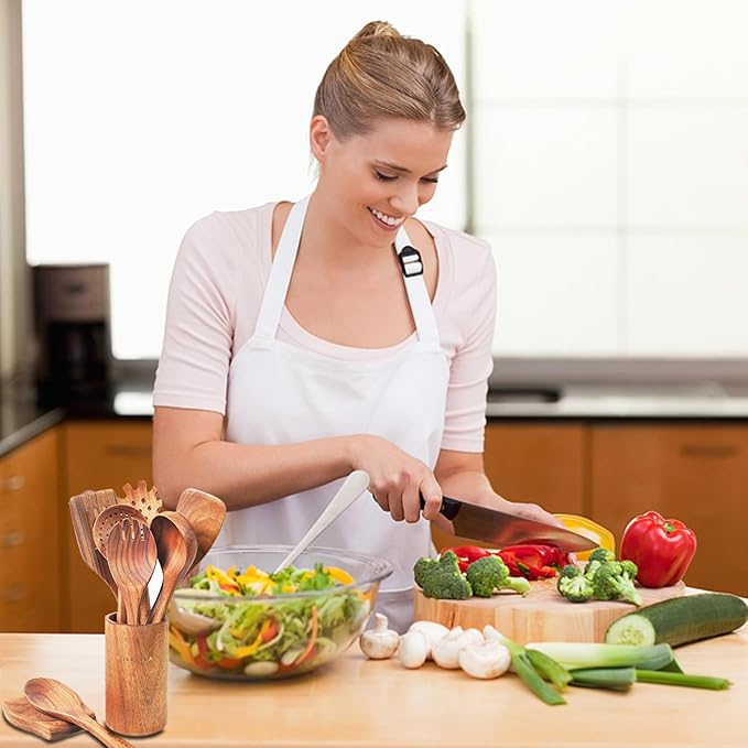 Teak Wooden Spoons for Cooking - 9 Pcs Comfort Grip Kitchen Utensil Set with Holder & Rest