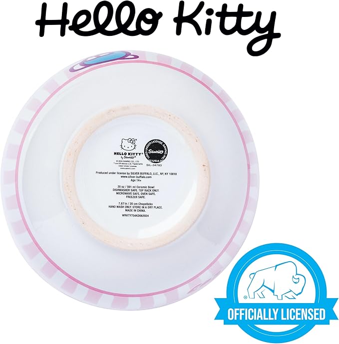 Silver Buffalo Sanrio Hello Kitty Pink Stripes Ceramic Ramen Bowl with Chopsticks, 20 Ounces