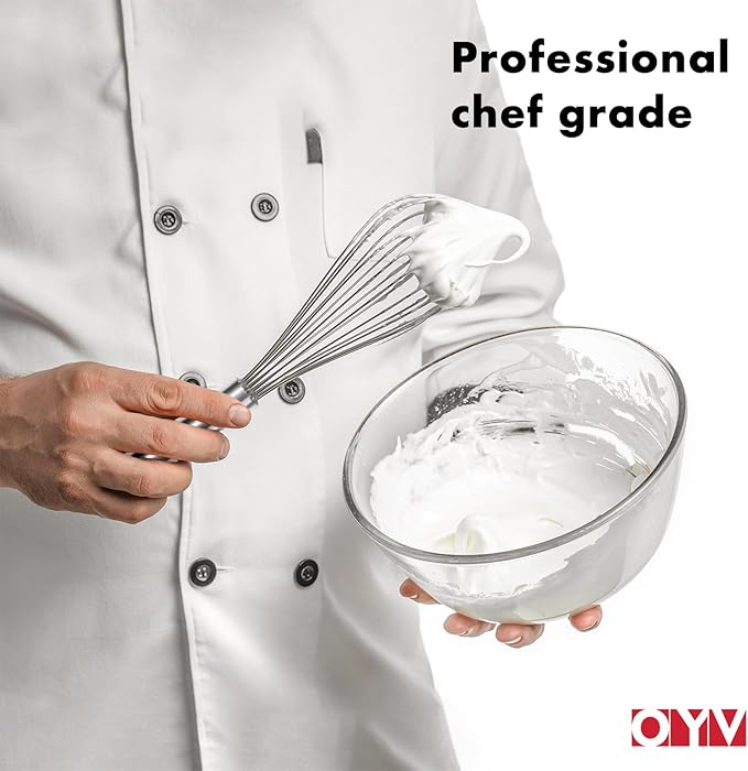 8" Whisk, Ergonomic Handle, Dishwasher Safe 18/10 Stainless Steel Whisk, Professional Kitchen Metal Wisk, Perfect for Whisking, Blending, Beating, and Baking