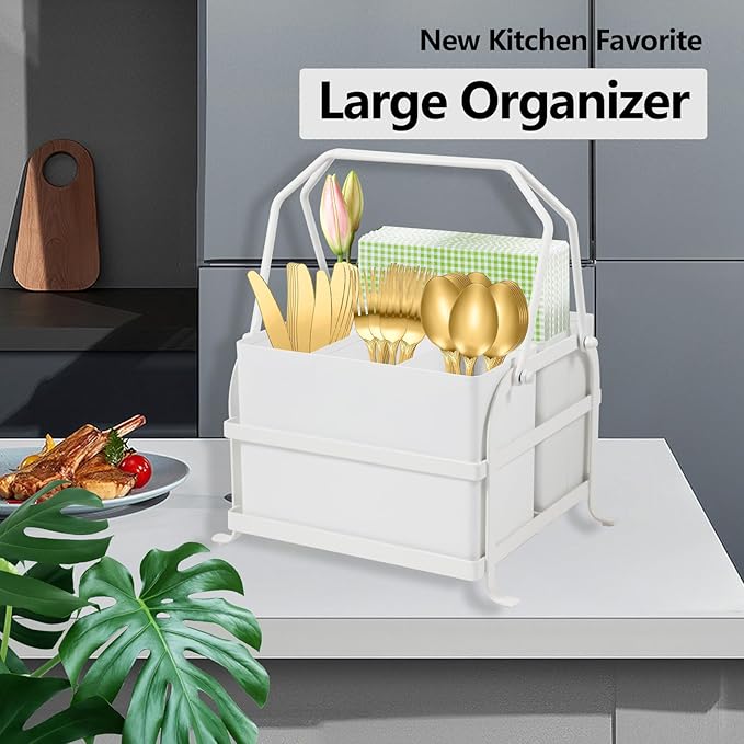 Silverware Caddy Utensil Holder With Handle,Outdoor Silverware Holder Picnic Caddy and Camping Utensil Organizer, Flatware Holder for Party Gatherings, Metal -White
