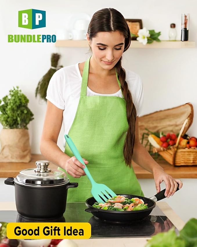 Pack of 2 Silicone Spatula Turners, Non Stick Slotted Kitchen Spatula Set, Heat Resistant BPA Free Kitchen Utensils, One-Piece Design, Suitable for Flipping Fish, Eggs, Steak, Pancakes (GREEN)