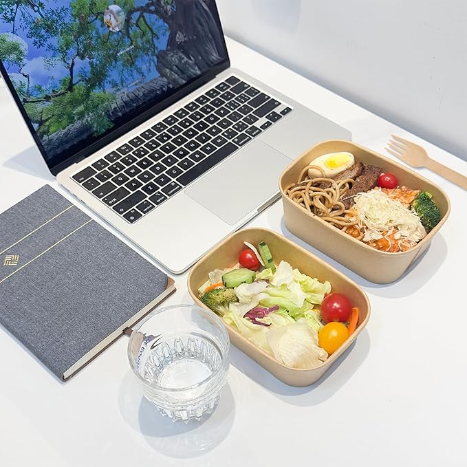 MINCOCO 50 Count Paper Bowls Disposable Meal Prep Containers with Lids【Includes 50 Wooden Forks + 100 Labels】 Salad Food Containers Freezer & Microwave Safe Leakproof Soup Bowls (19 Ounce, 50-Count)