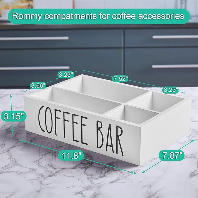 ALELION ALEION White Coffee Station Organizer - Wood Countertop Accessories Organizer with Removable Dividers for Pods Condiment Syrup Tea Cups Stirrers