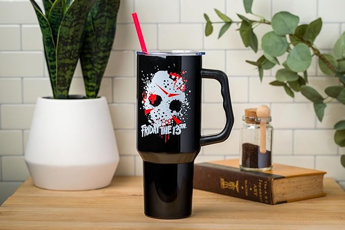 Silver Buffalo Friday The 13th Stainless Steel Tumbler with Handle Featuring Jason Voorhees’s Splatter Mask, Fits in Standard Cup Holder, 40 Ounces