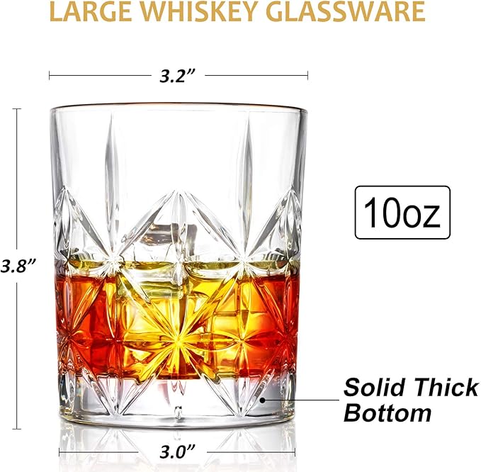 Whiskey Glass Set of 2, veecom 10 oz Crystal Whiskey Glasses Thick Bottom Bourbon Glasses Old Fashioned Rocks Glass Tumbler for Scotch, Cocktail, Liquor, Home Bar Whiskey Gifts for Men (Glass Set 2)